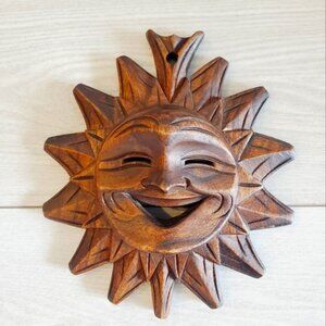Vintage 3D Sun God Handcrafted Wooden Wall Hanging Aztec Boho